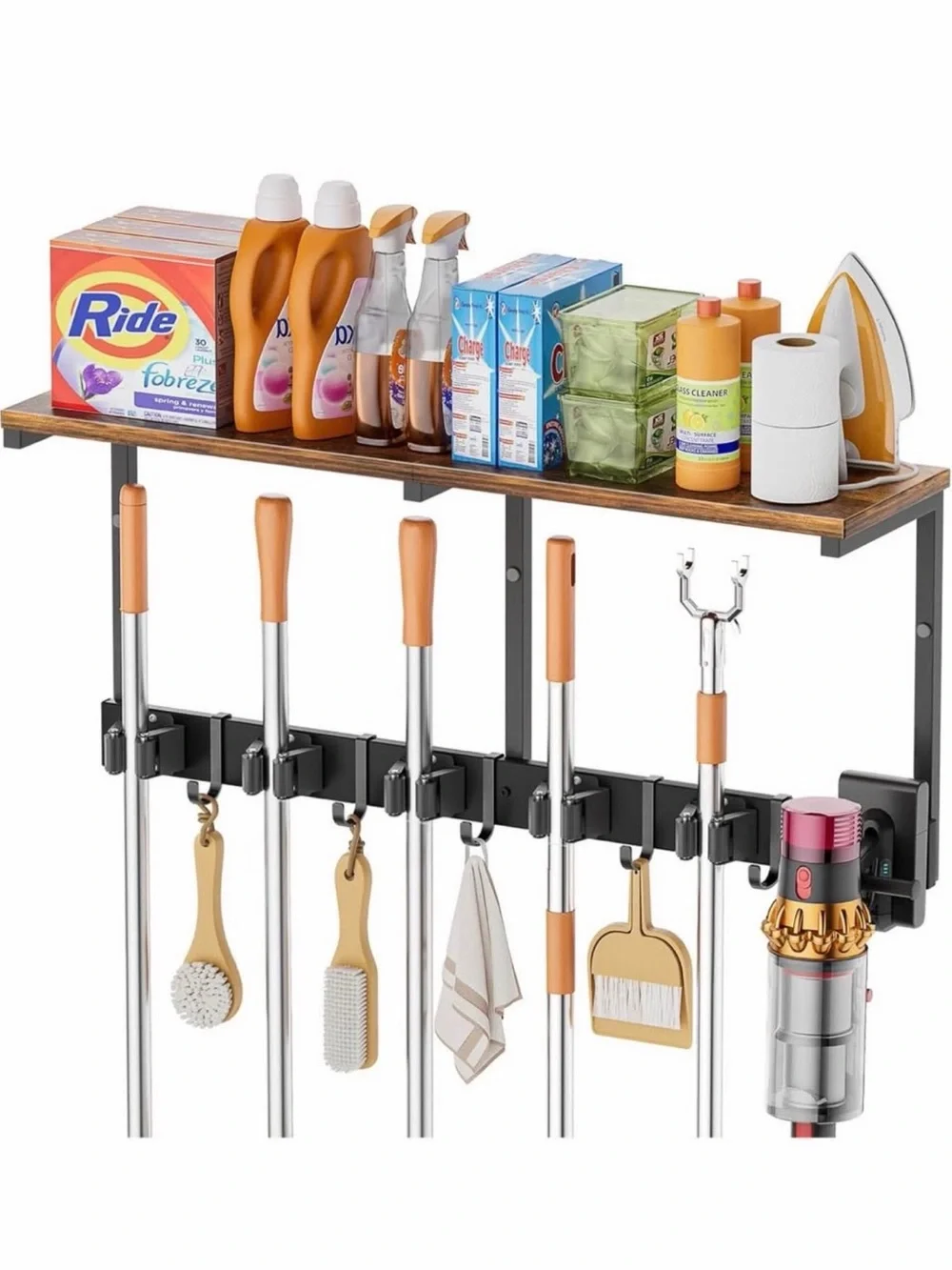 Wall-Mounted Mop and Broom Organizer with Shelf - Wood/Black. New in Box!